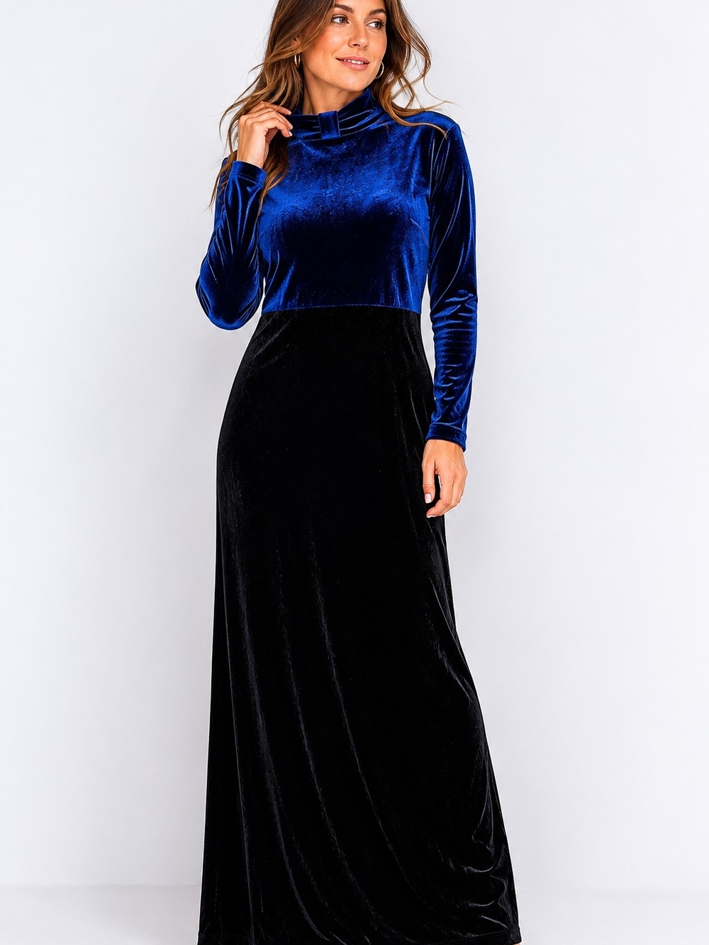 Vintage Blue Velvet Colorblock Maxi Dress Mock Neck Long Sleeve Size 10